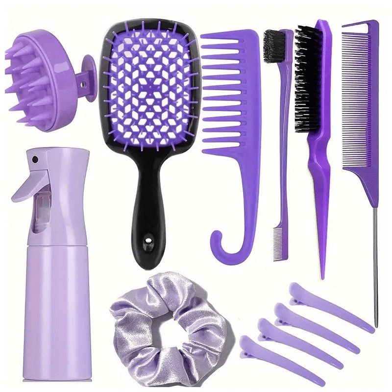 12-Piece Professional Hair Styling Comb Set: Detangling, Teasing, Scalp Massager, Spray Bottle