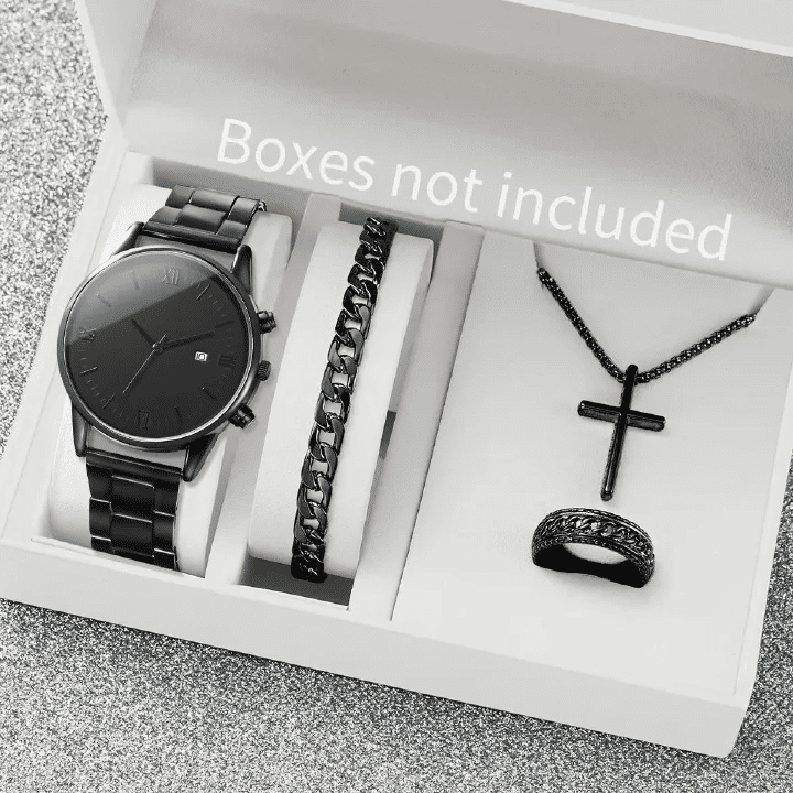 Black Men's 4-Piece Calendar Watch Set with Exquisite Ring Bracelet Necklace