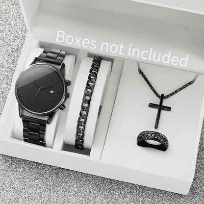 Black Men's 4-Piece Calendar Watch Set with Exquisite Ring Bracelet Necklace