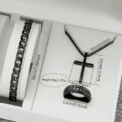 Black Men's 4-Piece Calendar Watch Set with Exquisite Ring Bracelet Necklace