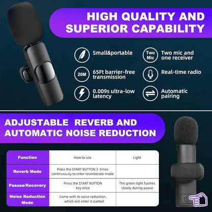 K9 Wireless Lapel Lavalier Microphone with Noise Cancellation for iPhone & Type-C