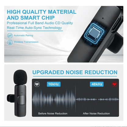 K9 Wireless Lapel Lavalier Microphone with Noise Cancellation for iPhone & Type-C