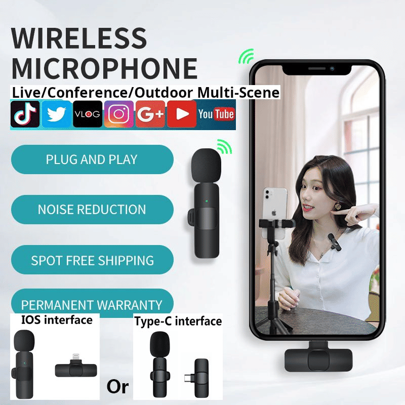 K9 Wireless Lapel Lavalier Microphone with Noise Cancellation for iPhone & Type-C
