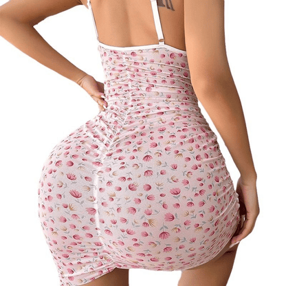 Elegant Floral Print V-Neck Spaghetti Strap Nightdress with Delicate Lace Trim