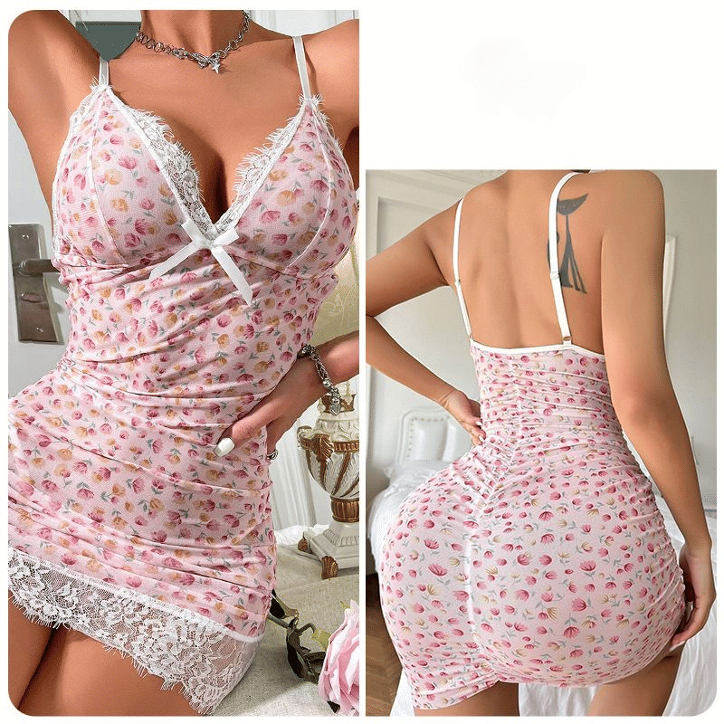 Elegant Floral Print V-Neck Spaghetti Strap Nightdress with Delicate Lace Trim