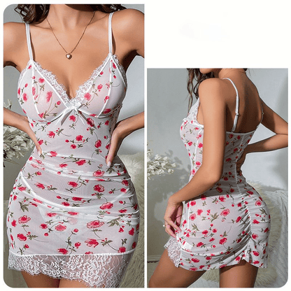 Elegant Floral Print V-Neck Spaghetti Strap Nightdress with Delicate Lace Trim
