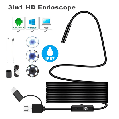 7MM 1M Android 3-in-1 Endoscope Camera: Waterproof Micro USB Type-C PC Inspection Borescope