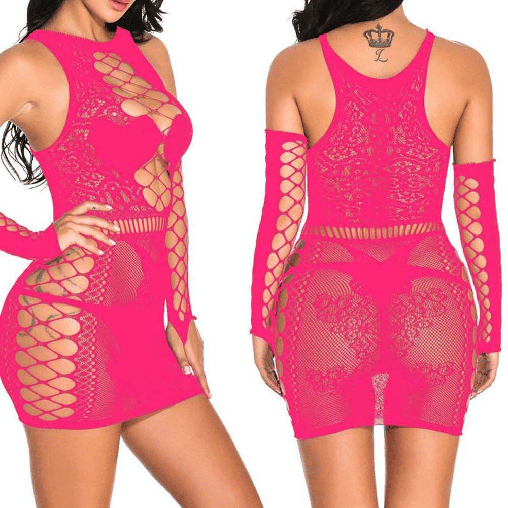 Women's Alluring Fishnet Bodystocking Lingerie - Stretch Open Front Bodysuit with Sleeves