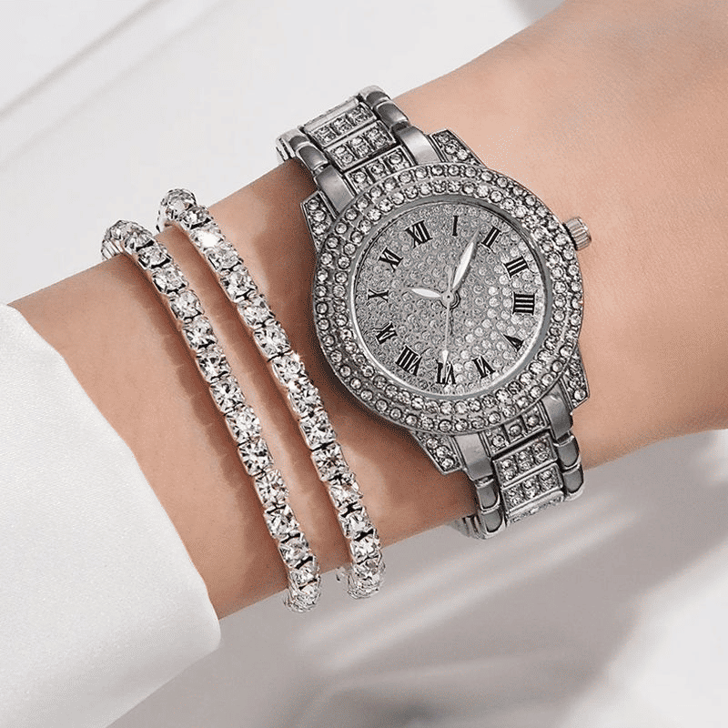 Elegant Women's Diamond Quartz Watch & Jewelry Set - Ring, Necklace, Earrings, Bracelet