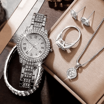 Elegant Women's Diamond Quartz Watch & Jewelry Set - Ring, Necklace, Earrings, Bracelet