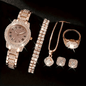 Elegant Women's Diamond Quartz Watch & Jewelry Set - Ring, Necklace, Earrings, Bracelet
