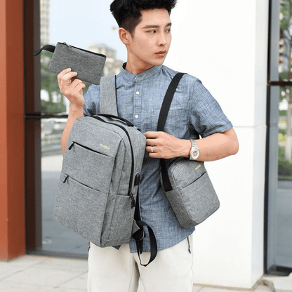 3-Piece Men's Anti-Theft USB Laptop Backpack Set, School Bookbag & Travel Bag