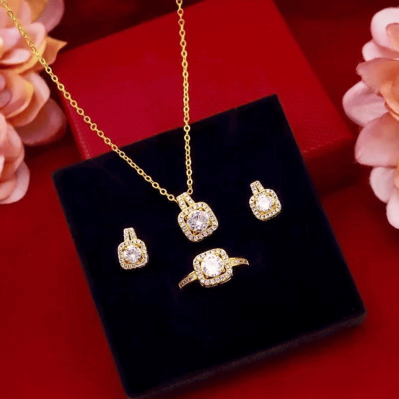 Elegant Zircon Three-Piece Jewelry Set: Earrings, Ring, Necklace for Women