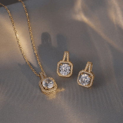 Elegant Gold Zircon 3-Piece Jewelry Set: Earrings, Ring, Necklace, Women's Pendant