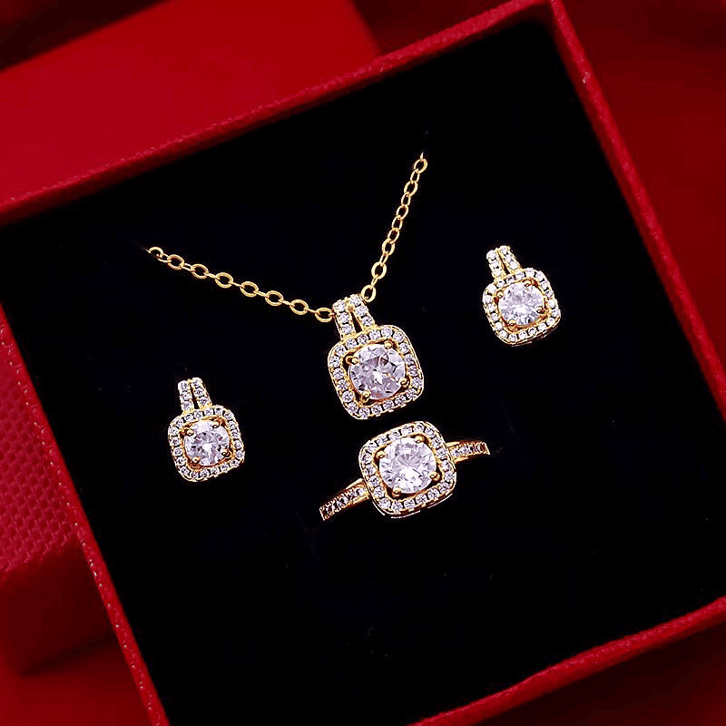 Elegant Zircon Three-Piece Jewelry Set: Earrings, Ring, Necklace for Women