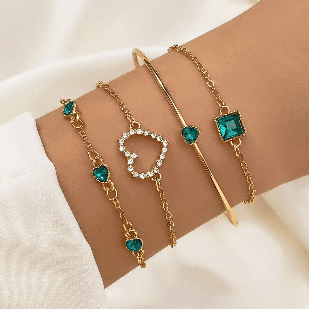Chic Adjustable Green Gemstone Gold Stackable Heart Bracelet Set for Women