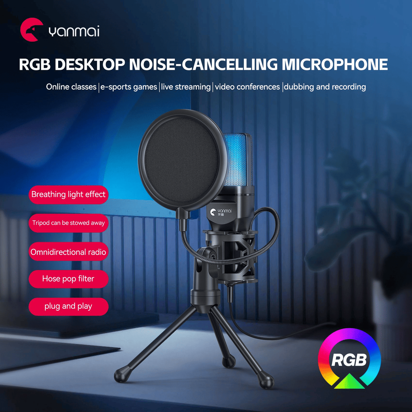 RGB USB Condenser Microphone for Gaming & Streaming - Intelligent Noise Reduction