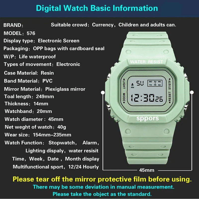 Durable Square Digital LED Electronic Sport Watch for All Ages