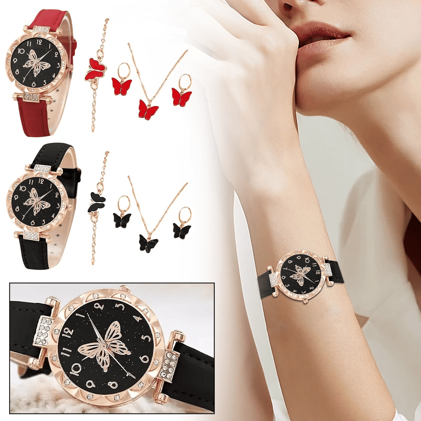 Elegant UPHUI 6-Piece Butterfly Quartz Watch & Matching Jewelry Set for Women