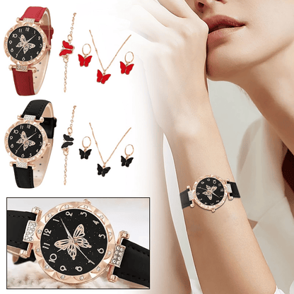 Elegant UPHUI 6-Piece Butterfly Quartz Watch & Matching Jewelry Set for Women
