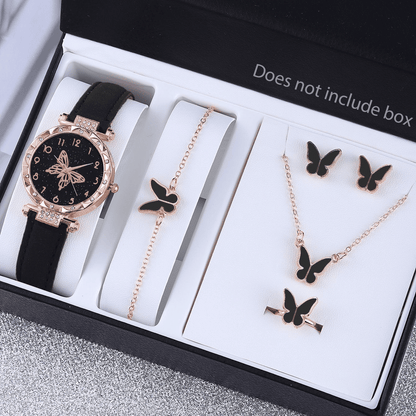 Elegant UPHUI 6-Piece Butterfly Quartz Watch & Matching Jewelry Set for Women