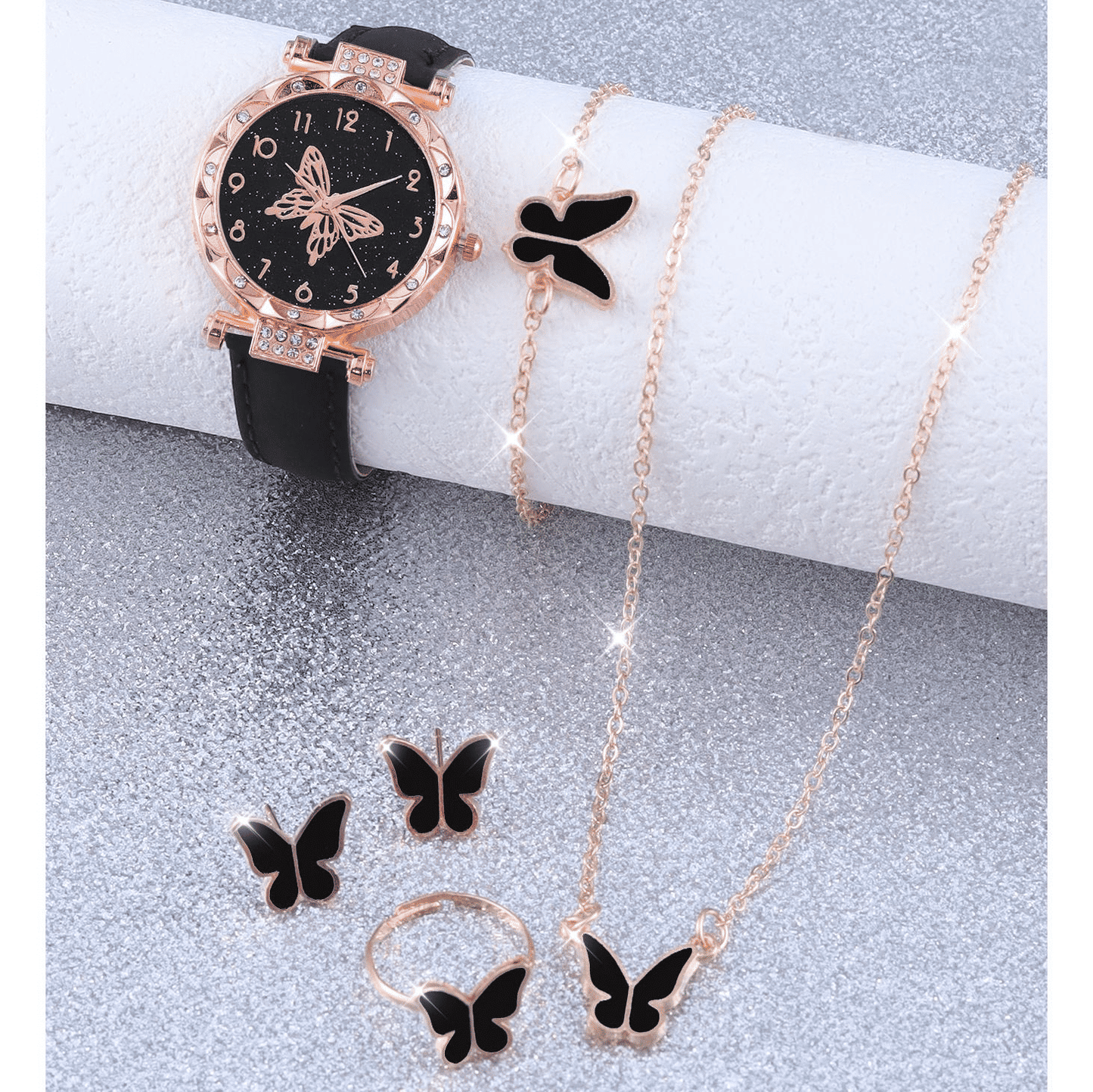 Elegant UPHUI 6-Piece Butterfly Quartz Watch & Matching Jewelry Set for Women