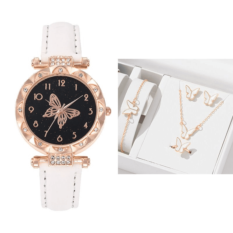 Elegant UPHUI 6-Piece Butterfly Quartz Watch & Matching Jewelry Set for Women