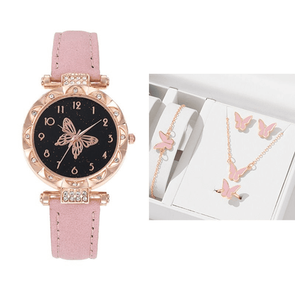 Elegant UPHUI 6-Piece Butterfly Quartz Watch & Matching Jewelry Set for Women