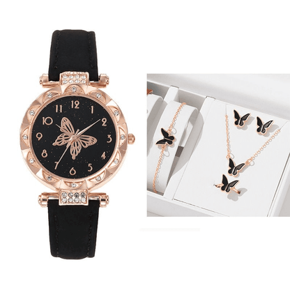 Elegant UPHUI 6-Piece Butterfly Quartz Watch & Matching Jewelry Set for Women