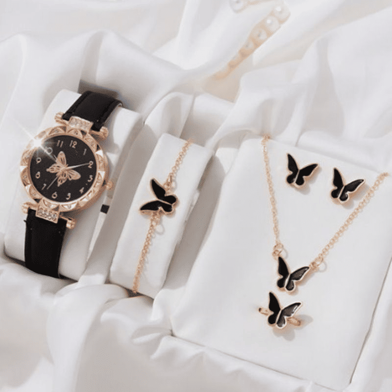 Elegant UPHUI 6-Piece Butterfly Quartz Watch & Matching Jewelry Set for Women