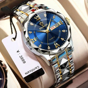 BINBOND Luxury Waterproof Men's Quartz Watch - Stainless Steel, Double Calendar